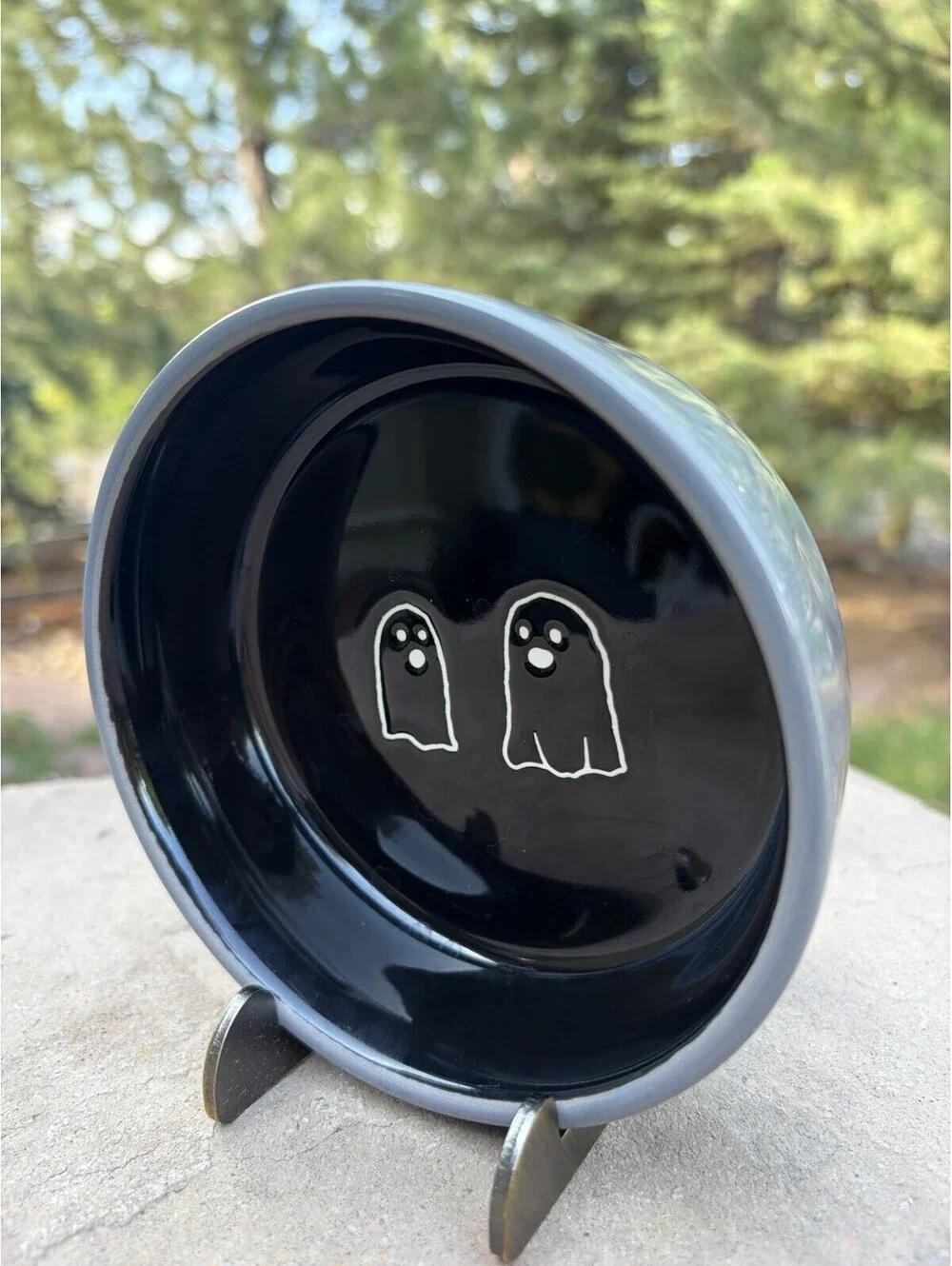RAE DUNN HALLOWEEN PET BOWL SPOOKY Ghost Image Black Grey New